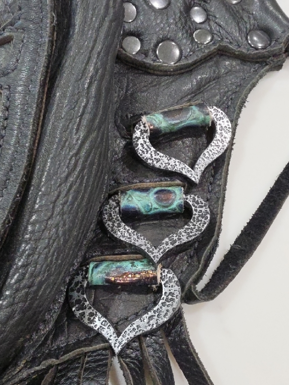 Black Fringe Leather Hip Belt with Decorative Rings - Picture 3 of 7